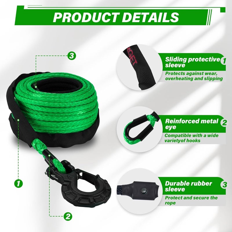 TYT Synthetic Winch Rope 3/8" X 92' with Hook, 27000LBS Synthentic Winch Cable Kit with Protective Sleeve for 4WD Off Road Vehicle Truck SUV Jeep (Green) - Image 4